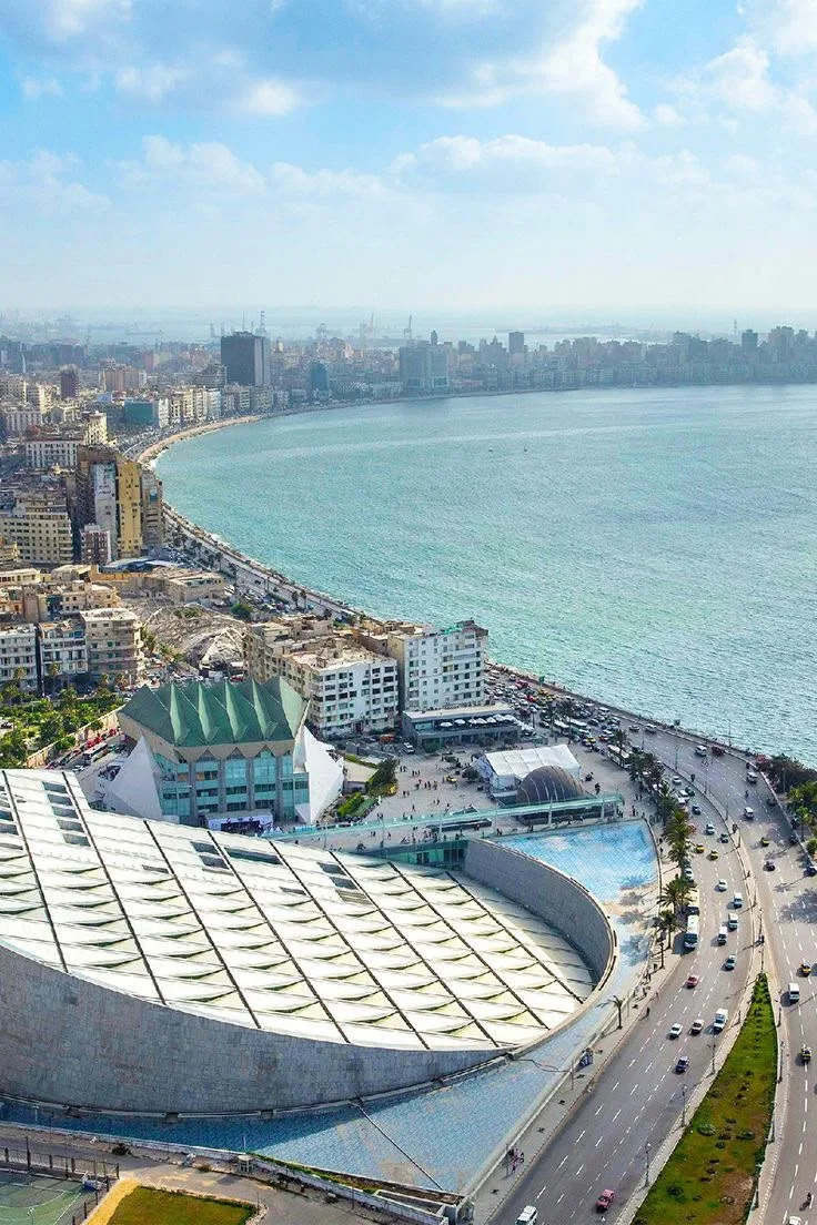 The Mediterranean corniche sweeping around the bay at Alexandria