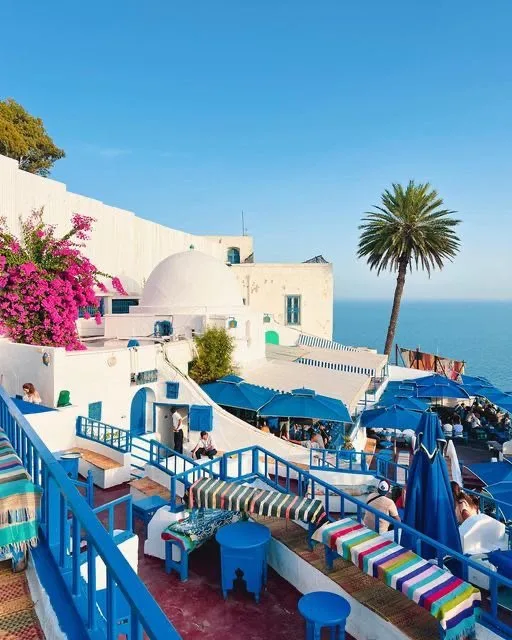 A blue-painted Nubian village above the Nile at Aswan