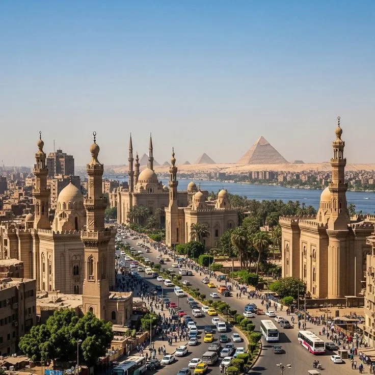 The historic mosques of Cairo from above, with the Giza pyramids on the horizon