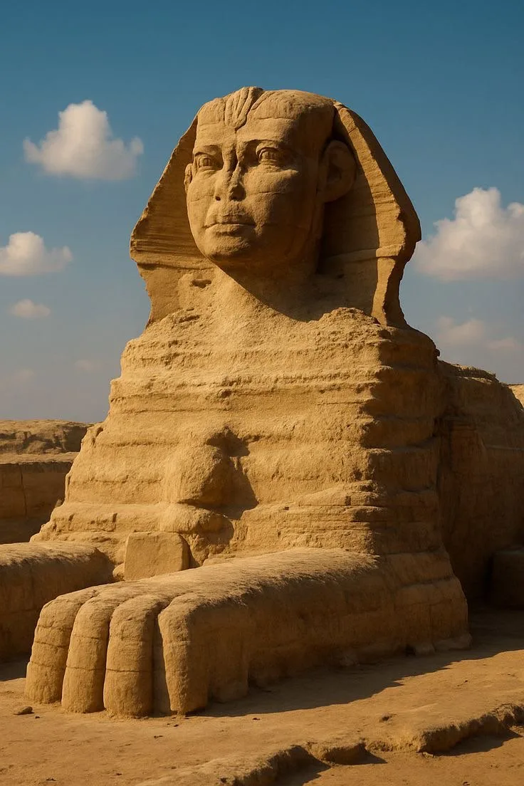 The Great Sphinx of Giza in profile before the pyramids