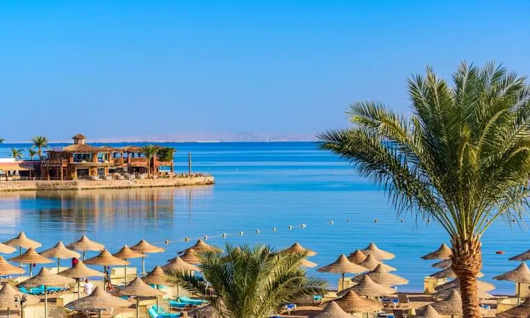 Thatched parasols along a calm Red Sea resort beach