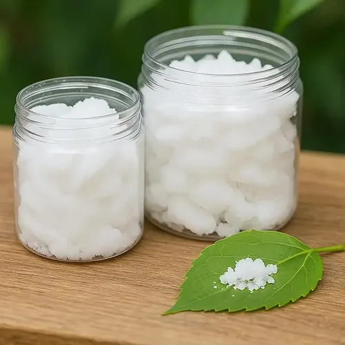 White camphor crystals in two clear jars, a few on a green leaf