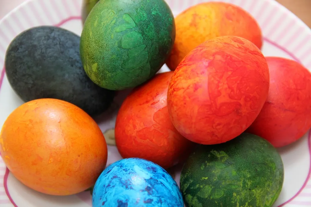 Eggs dyed red, blue, green, orange and yellow for Easter and Sham El-Nessim
